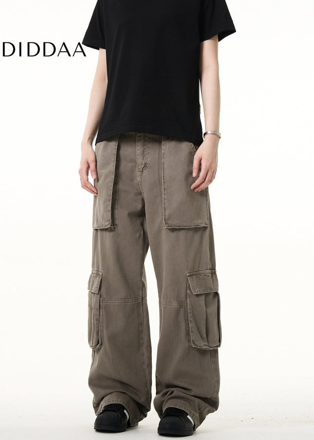 Beige Large Pocket Straight Leg Cargo Pants for Men and Women - Men’s Jeans