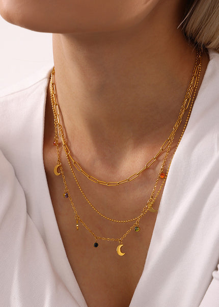 Mysterie multicolor rhinestone tassel moon clavicle necklace plated 18K real gold stainless steel niche new wild accessories