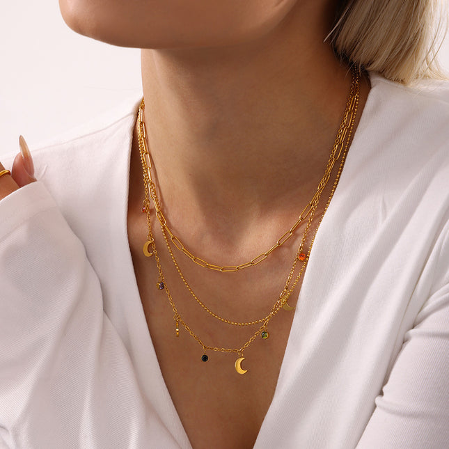 Mysterie multicolor rhinestone tassel moon clavicle necklace plated 18K real gold stainless steel niche new wild accessories