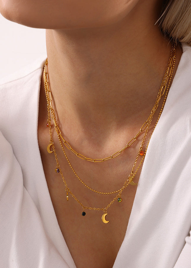 Mysterie multicolor rhinestone tassel moon clavicle necklace plated 18K real gold stainless steel niche new wild accessories