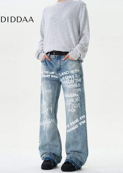 Blue Graffiti Letter Print Straight Wash Jeans - Men’s Jeans