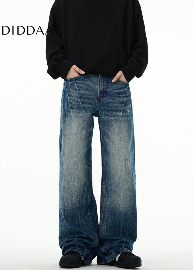 Light Blue Lightning Burst Crack Wash Straight Jeans - Men’s Jeans