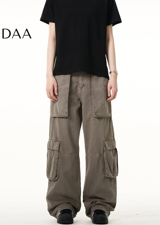 Beige Large Pocket Straight Leg Cargo Pants for Men and Women - S / Grey - Men’s Jeans