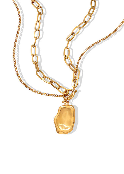 European and American hip-hop style double-layer personality irregular pendant necklace titanium steel gold-plated niche temperament clavicle chain jewelry women
