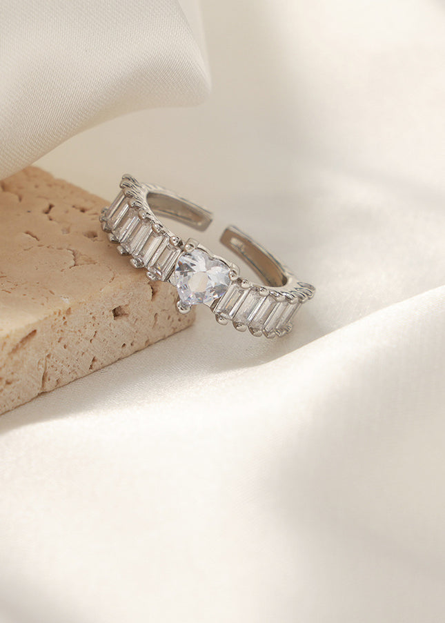 European and American style cross-border new light luxury personality fashion copper material heart-shaped geometric inlay zircon open ring jewelry women