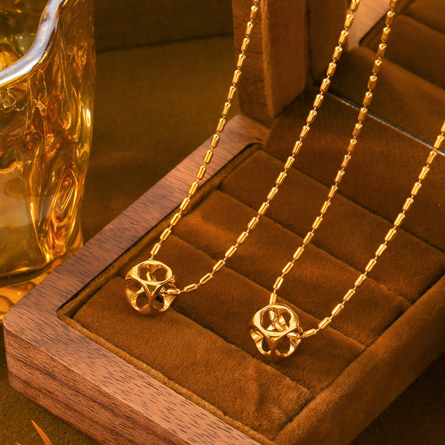ins casual vacation style niche simple rice bead chain jewelry personality hollow square pendant titanium steel gold-plated necklace