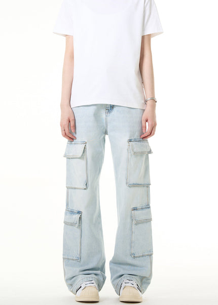 Light Blue Vintage Multi Pocket Cargo Jeans - Men’s Jeans