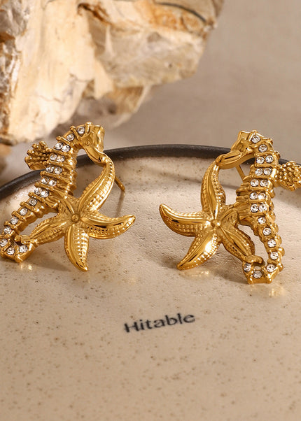 Jieding European and American stainless steel rhinestone starfish earrings high-end sense of marine style resort earrings titanium steel earrings cross-border