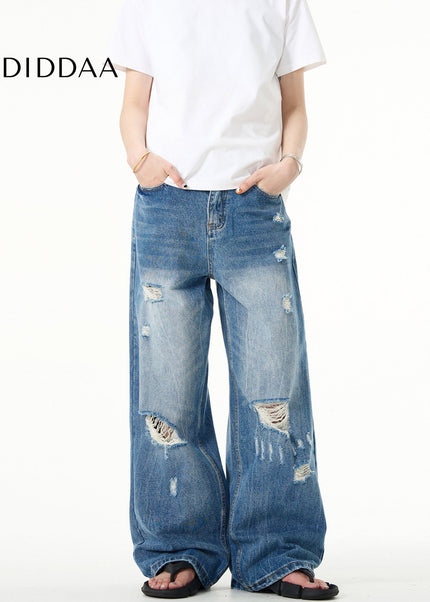 Blue Loose Fit Ripped Jeans with Retro Distressed Style - Men’s Jeans