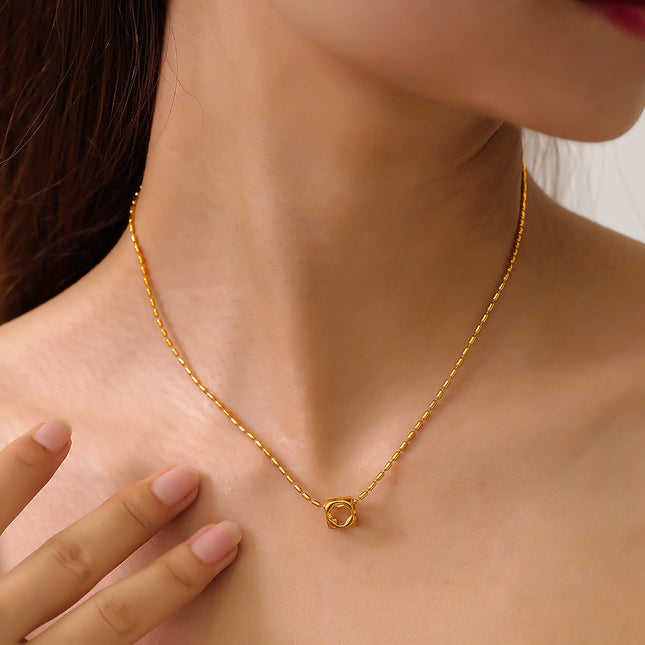 ins casual vacation style niche simple rice bead chain jewelry personality hollow square pendant titanium steel gold-plated necklace