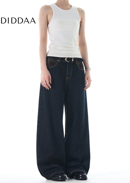 Plaid Panel Loose Fit Straight Jeans for Men and Women - Men’s Jeans