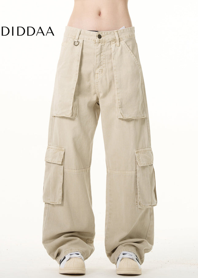 Beige Large Pocket Straight Leg Cargo Pants for Men and Women - Men’s Jeans