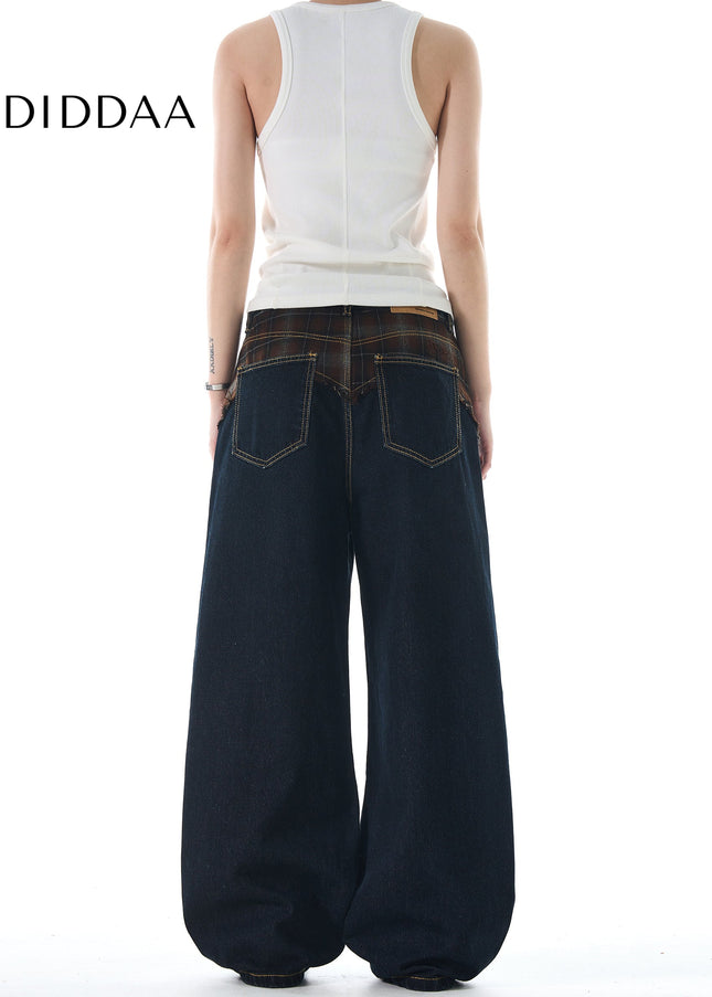 Plaid Panel Loose Fit Straight Jeans for Men and Women - Men’s Jeans