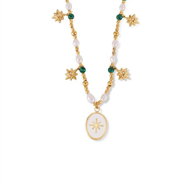 French simple elegance freshwater pearl beaded ornament coin drip oil pendant eight-pointed star titanium steel necklace
