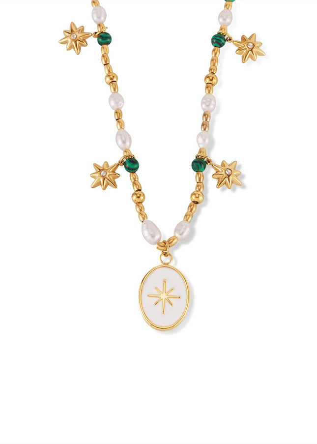 French simple elegance freshwater pearl beaded ornament coin drip oil pendant eight-pointed star titanium steel necklace