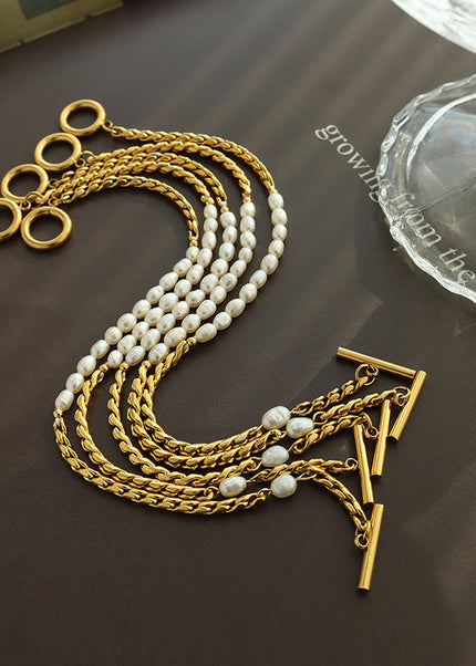 Korean non-fading bracelet jewelry, fashion commuting freshwater pearl OT buckle, titanium steel plated 18K gold, niche design women