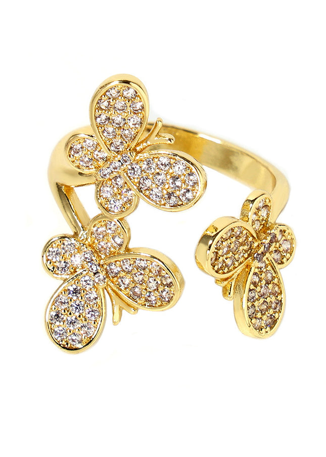 Mystery ins splicing butterfly flower inlaid zircon open ring copper plated 18k real gold fairy girl literary accessories