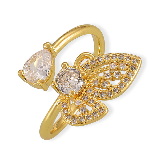 Forest system fresh and elegant, fashionable personality copper gold-plated band, inlaid with zircon, design butterfly open ring