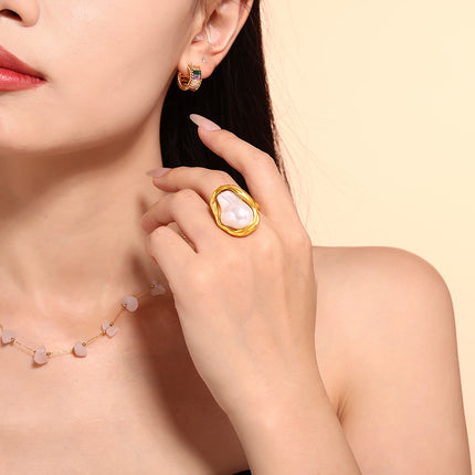 New ins style fashion ring special-shaped imitation pearl light luxury ring rings titanium steel non-fading hand jewelry