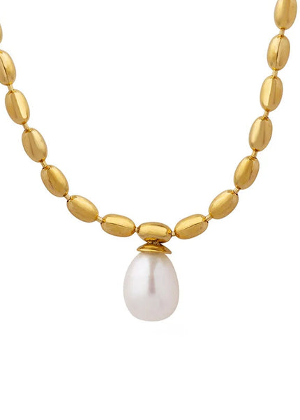 European and American temperament jewelry neutral style cross-border fashion titanium steel gold-plated oval bead chain freshwater pearl pendant necklace