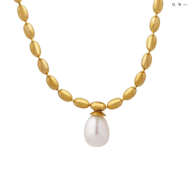 European and American temperament jewelry neutral style cross-border fashion titanium steel gold-plated oval bead chain freshwater pearl pendant necklace