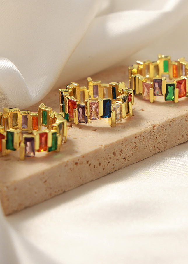 European and American new light luxury, simple and fashionable copper material inlaid with colored zircon open rings, personality niche design jewelry