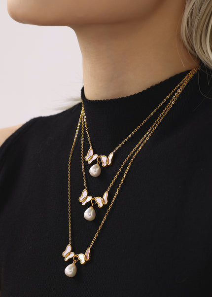 Mystery Stainless Steel Natural Shell Double Butterfly Set Diamond Shell Bead Clavicle Necklace PVD Plating 18K Real Gold Jewelry Female
