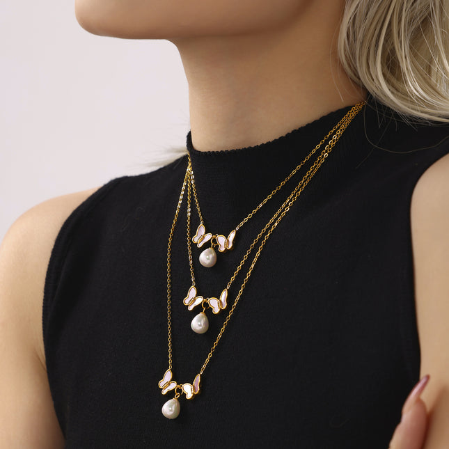 Mystery Stainless Steel Natural Shell Double Butterfly Set Diamond Shell Bead Clavicle Necklace PVD Plating 18K Real Gold Jewelry Female