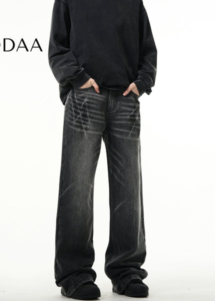 Light Blue Lightning Burst Crack Wash Straight Jeans - S / Black - Men’s Jeans