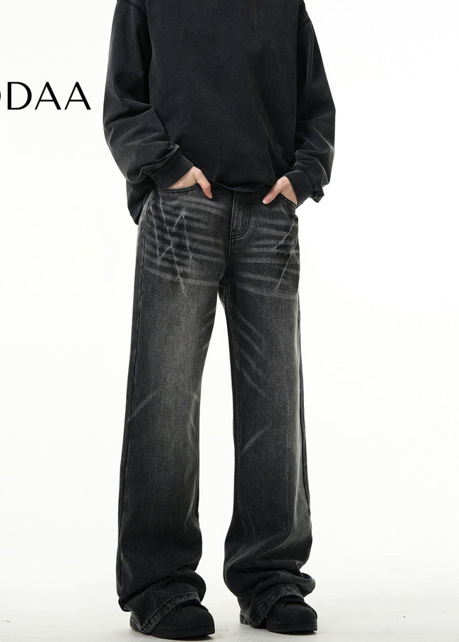 Light Blue Lightning Burst Crack Wash Straight Jeans - S / Black - Men’s Jeans