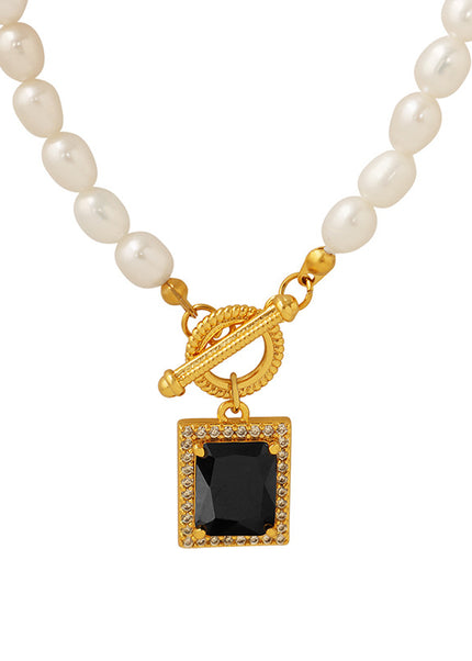 Natural freshwater pearls do not fade luster necklace heavy industry black zircon pendant OT clasp clavicle chain gold-plated jewelry