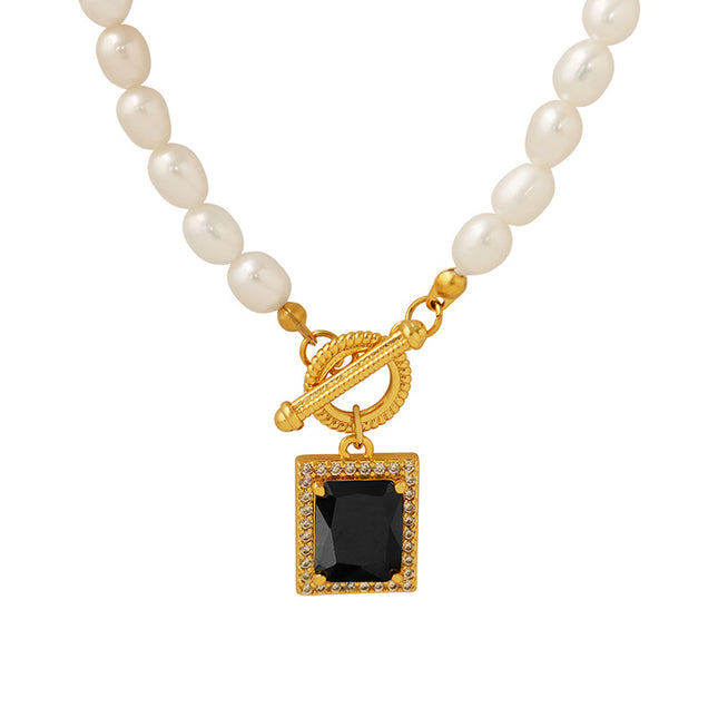 Natural freshwater pearls do not fade luster necklace heavy industry black zircon pendant OT clasp clavicle chain gold-plated jewelry