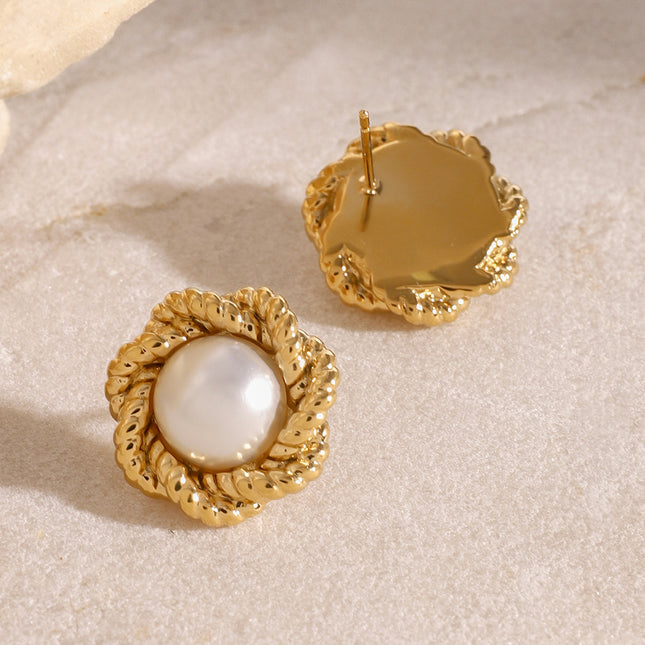 Jieding European and American stainless steel plated 18k gold flower twist texture pearl stud earrings design sense of high-end versatile earrings