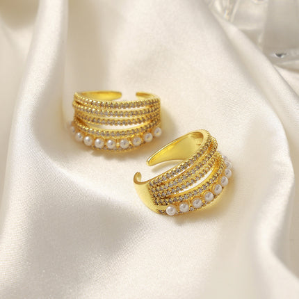 New fashion, personality, light luxury, versatile, copper material, imitation pearl inlaid zircon, multi-layer open ring, jewelry, women's wholesale