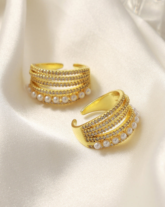 New fashion, personality, light luxury, versatile, copper material, imitation pearl inlaid zircon, multi-layer open ring, jewelry, women's wholesale