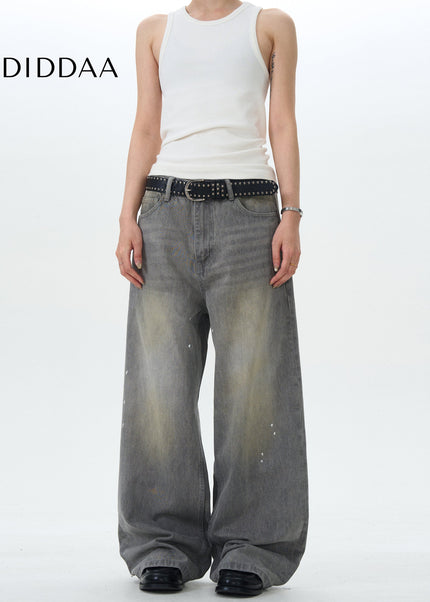 Blue Graffiti Splash Loose Straight Vintage Jeans - Men’s Jeans