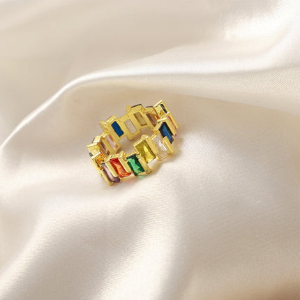 European and American new light luxury, simple and fashionable copper material inlaid with colored zircon open rings, personality niche design jewelry