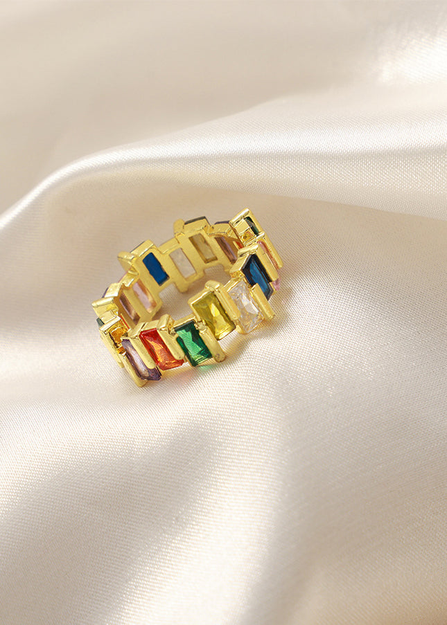 European and American new light luxury, simple and fashionable copper material inlaid with colored zircon open rings, personality niche design jewelry