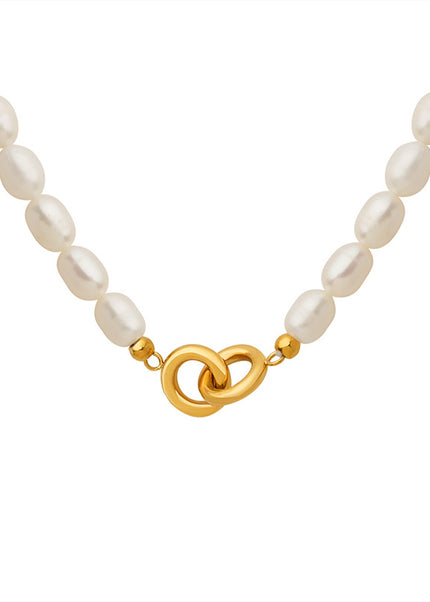 French non-fading niche light luxury double-ring buckle freshwater pearl versatile titanium steel gold-plated necklace non-fading jewelry women