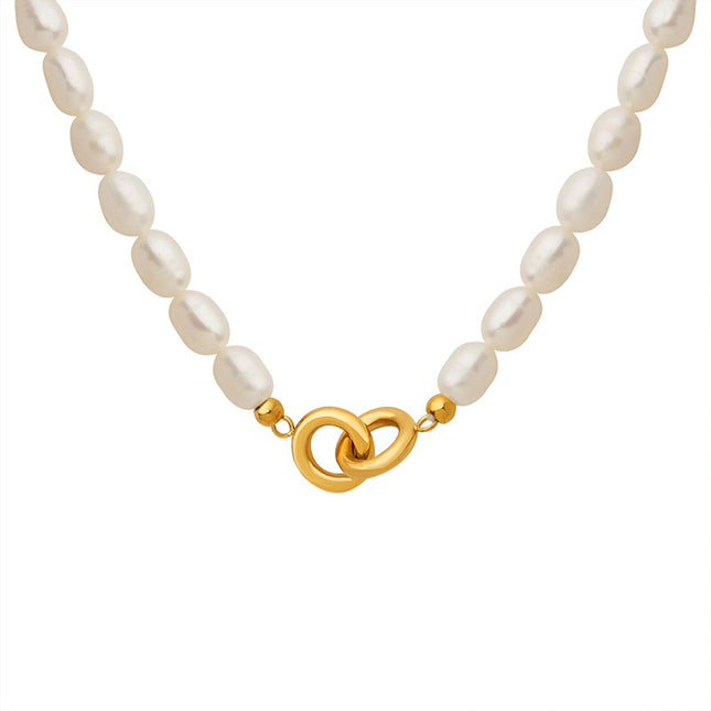 French non-fading niche light luxury double-ring buckle freshwater pearl versatile titanium steel gold-plated necklace non-fading jewelry women