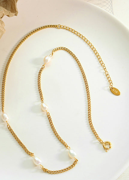 European and American style flat chain personality freshwater pearl splicing chain necklace titanium steel gold-plated clavicle chain manufacturers a piece of delivery