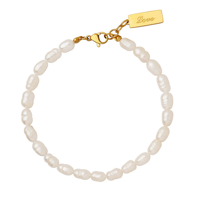 French ins titanium steel plated 18K gold English letter square pendant antique temperament freshwater pearl bracelet bracelet