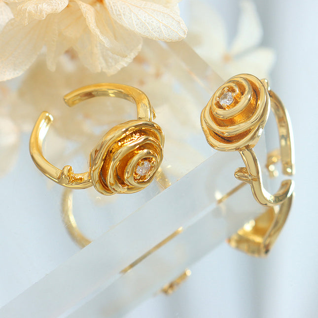Cross-border hot-selling retro distressed temperament personality rose copper ring inlaid with zircon ring hand jewelry