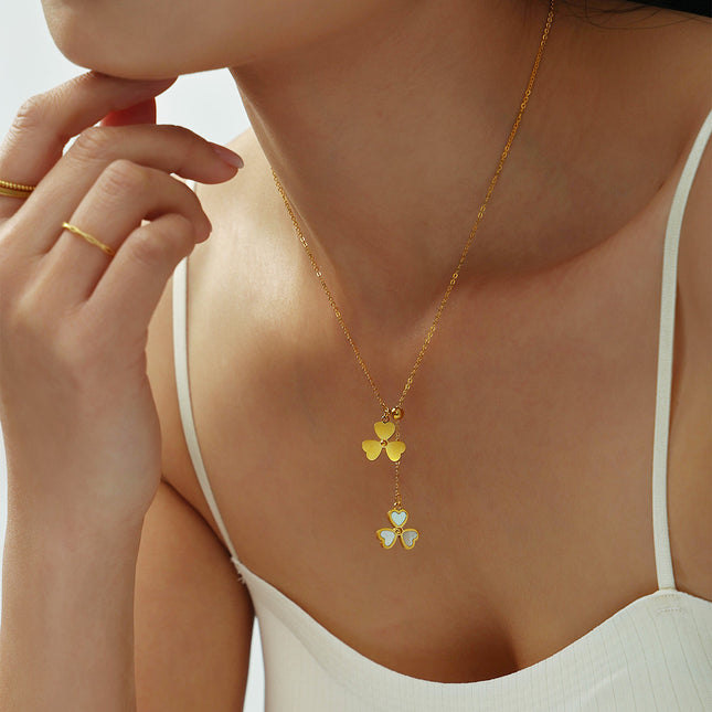 Mystery heart-shaped flower natural mother-of-pearl tassel necklace aesthetic niche design sense stainless steel pull-out adjustable female