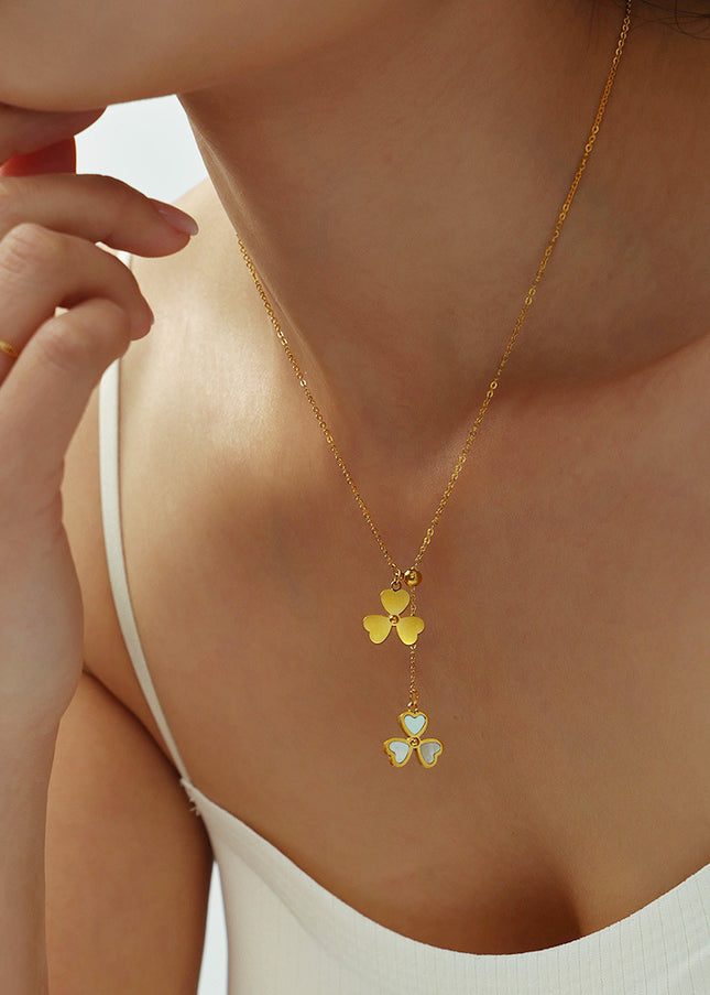 Mystery heart-shaped flower natural mother-of-pearl tassel necklace aesthetic niche design sense stainless steel pull-out adjustable female