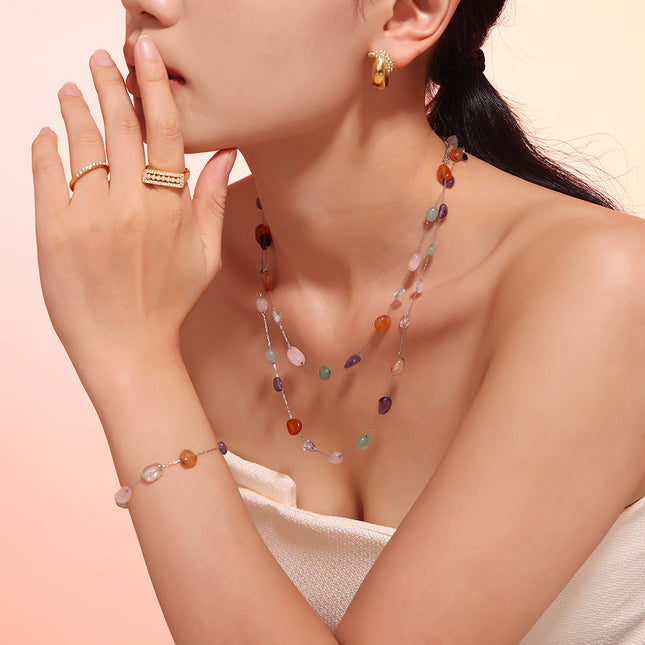 European and American ins style niche colored natural stone beaded necklace fashion bracelet stainless steel dopamine light luxury set