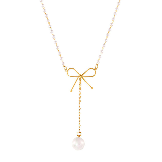 Fairy choker bow imitation pearl necklace ins cold style temperament simple luxury stainless steel clavicle chain