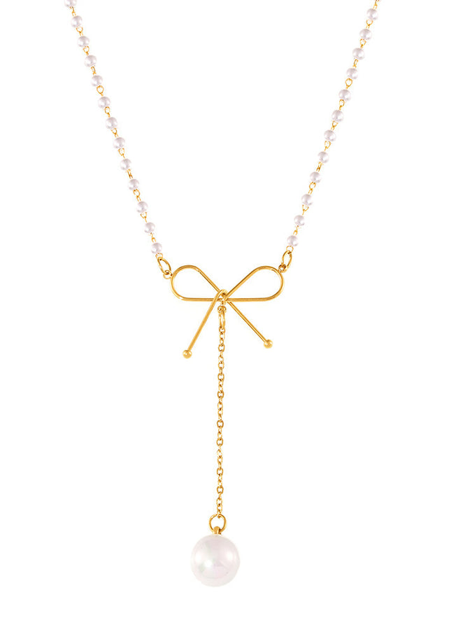 Fairy choker bow imitation pearl necklace ins cold style temperament simple luxury stainless steel clavicle chain