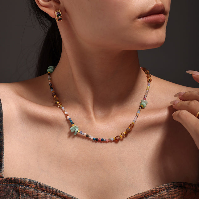 Mystery jewelry, natural stone, faceted crystal stone, beaded clavicle, necklace, stainless steel, sweet and cool women's light luxury spot accessories