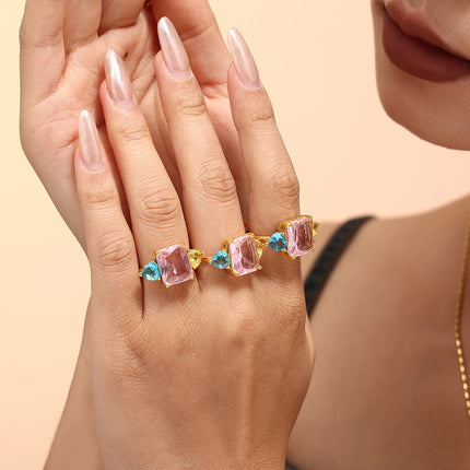 Dopamine Geometric Pink Aquamarine Zircon Ring Extra-Fine Opening Adjustment Titanium Steel PVD Plated 18K Gold Sweet Ring